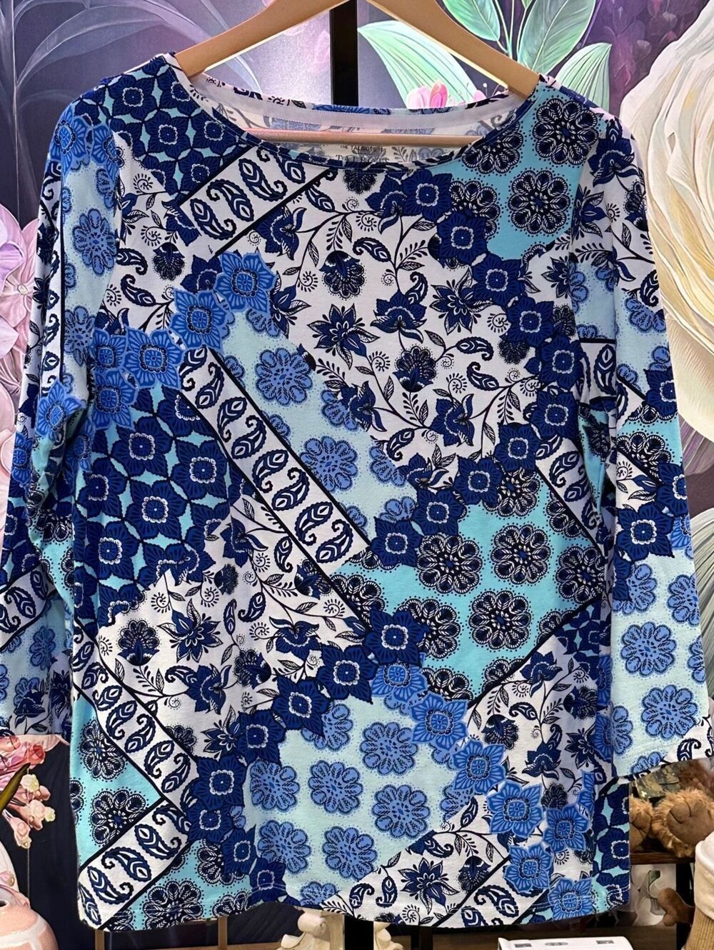 Talbots L Cotton Blue Floral Patchwork Long Sleeve Tee Boho Coastal Classic